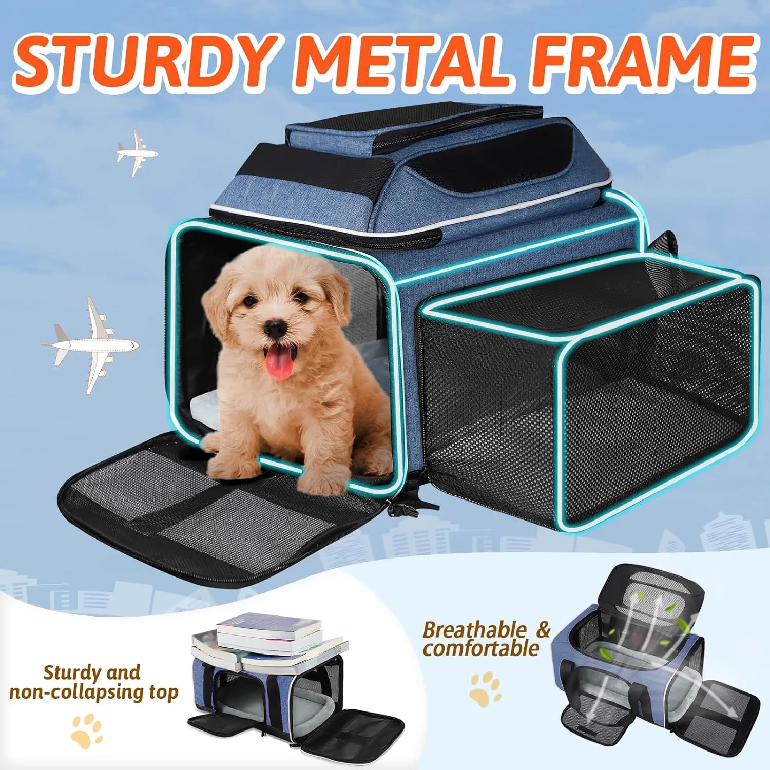Petskd Top and Side Expandable Pet Carrier 17x11x9.5 Inches Alaska Airline Approved, Soft-Sided Carrier for Small Cats and Dogs with Locking Safety Zippers and Anti-Scratch Mesh(Blue)