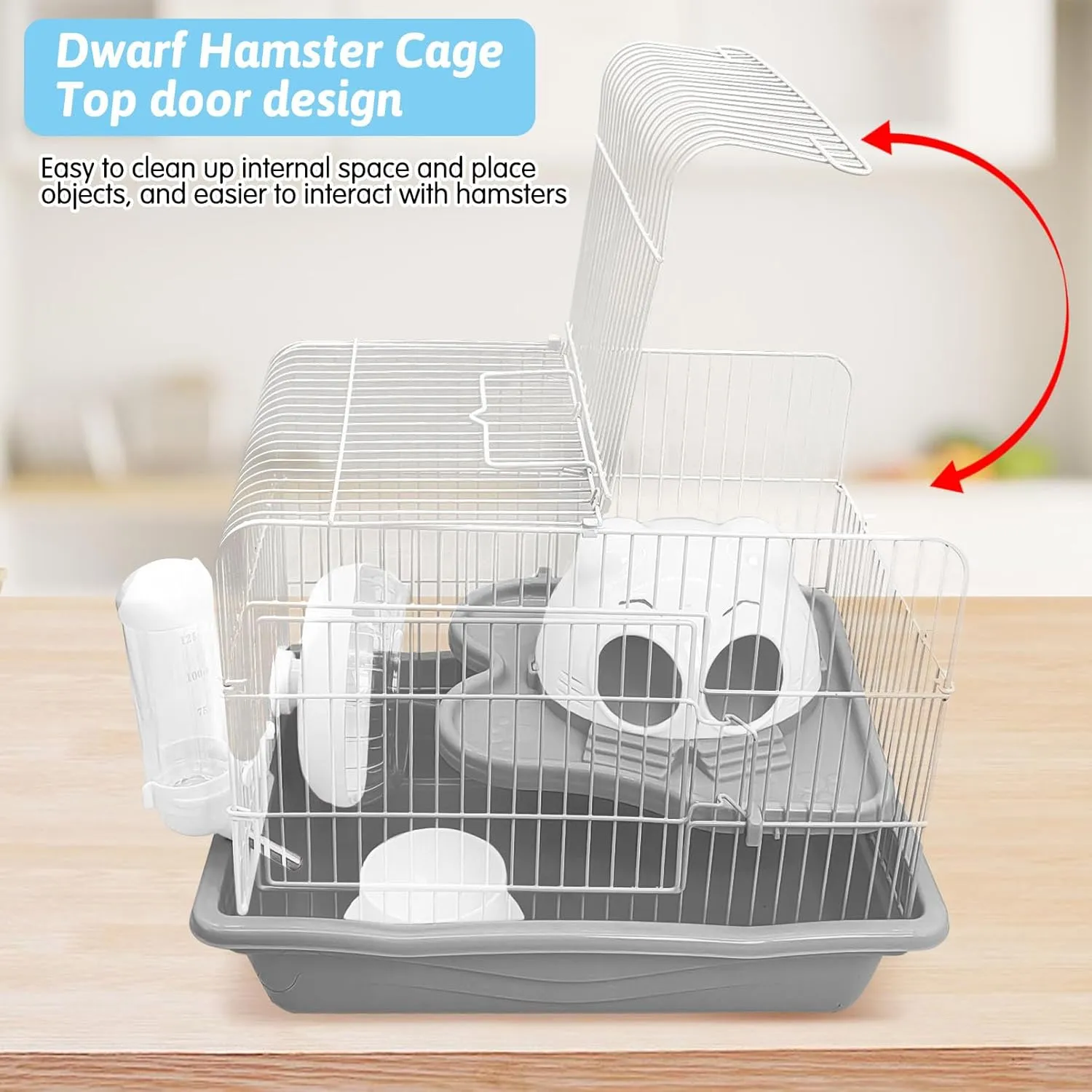 PINVNBY Dwarf Hamster Cage, Small Animal Cages, 2-Tier Travel Portable Mouse Cage Hamster Carrier with Castle House Running Exercise Wheels, Water Bottle and Food DisGray