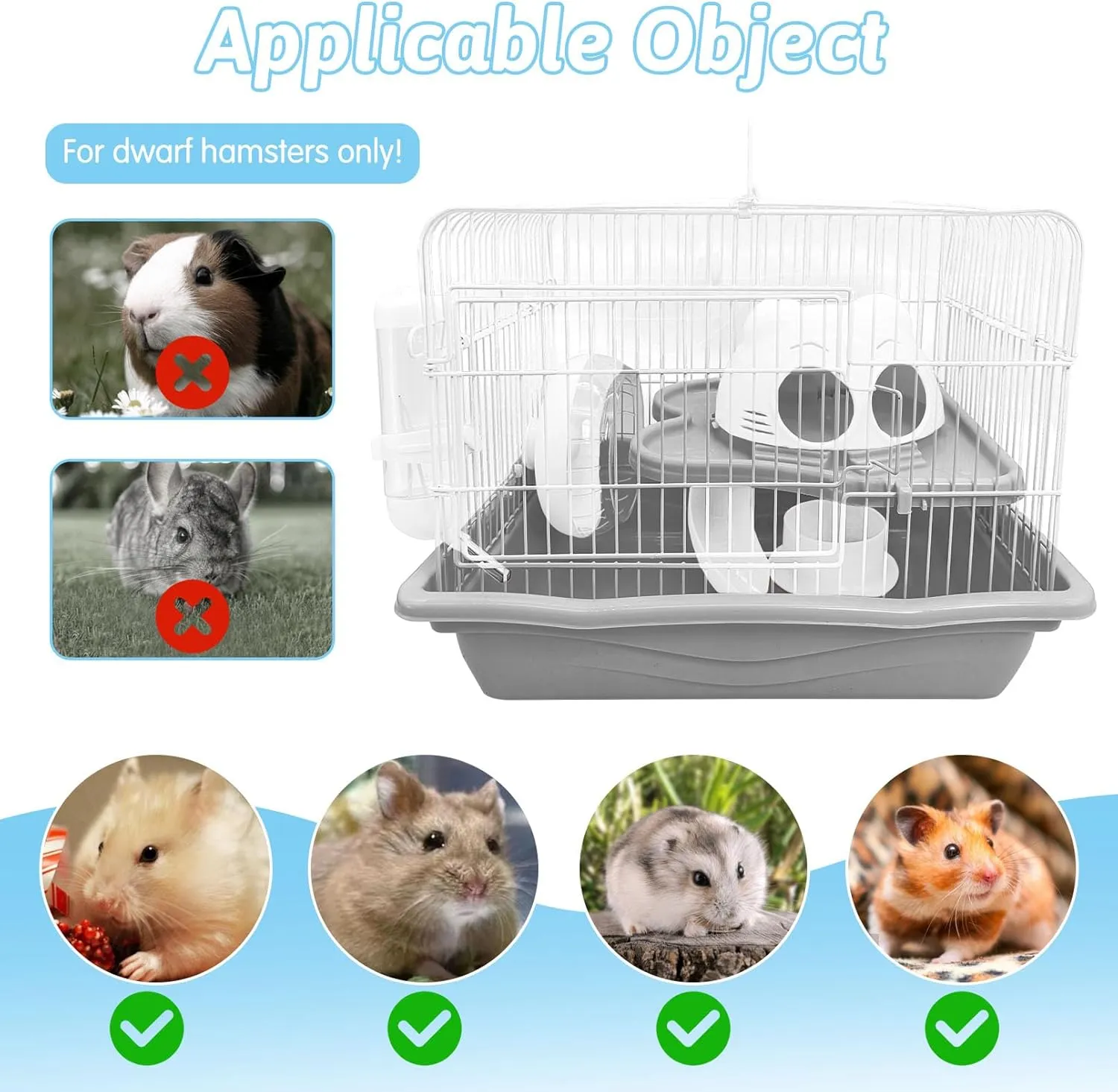 PINVNBY Dwarf Hamster Cage, Small Animal Cages, 2-Tier Travel Portable Mouse Cage Hamster Carrier with Castle House Running Exercise Wheels, Water Bottle and Food DisGray