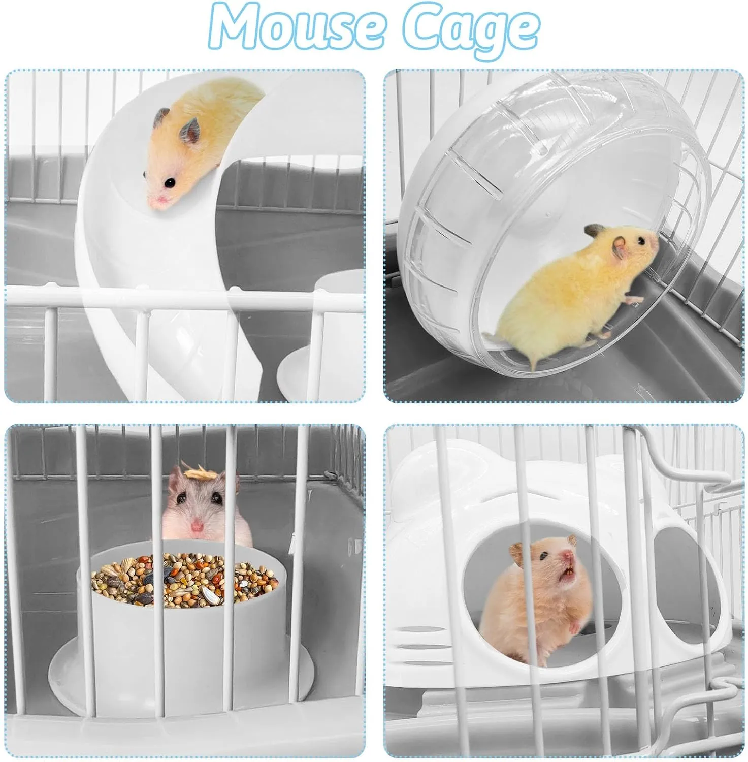 PINVNBY Dwarf Hamster Cage, Small Animal Cages, 2-Tier Travel Portable Mouse Cage Hamster Carrier with Castle House Running Exercise Wheels, Water Bottle and Food DisGray