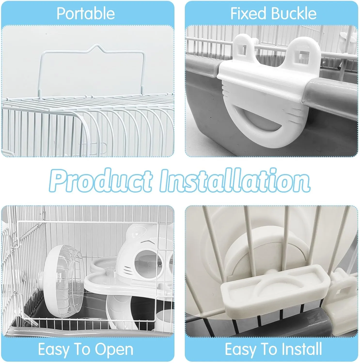 PINVNBY Dwarf Hamster Cage, Small Animal Cages, 2-Tier Travel Portable Mouse Cage Hamster Carrier with Castle House Running Exercise Wheels, Water Bottle and Food DisGray