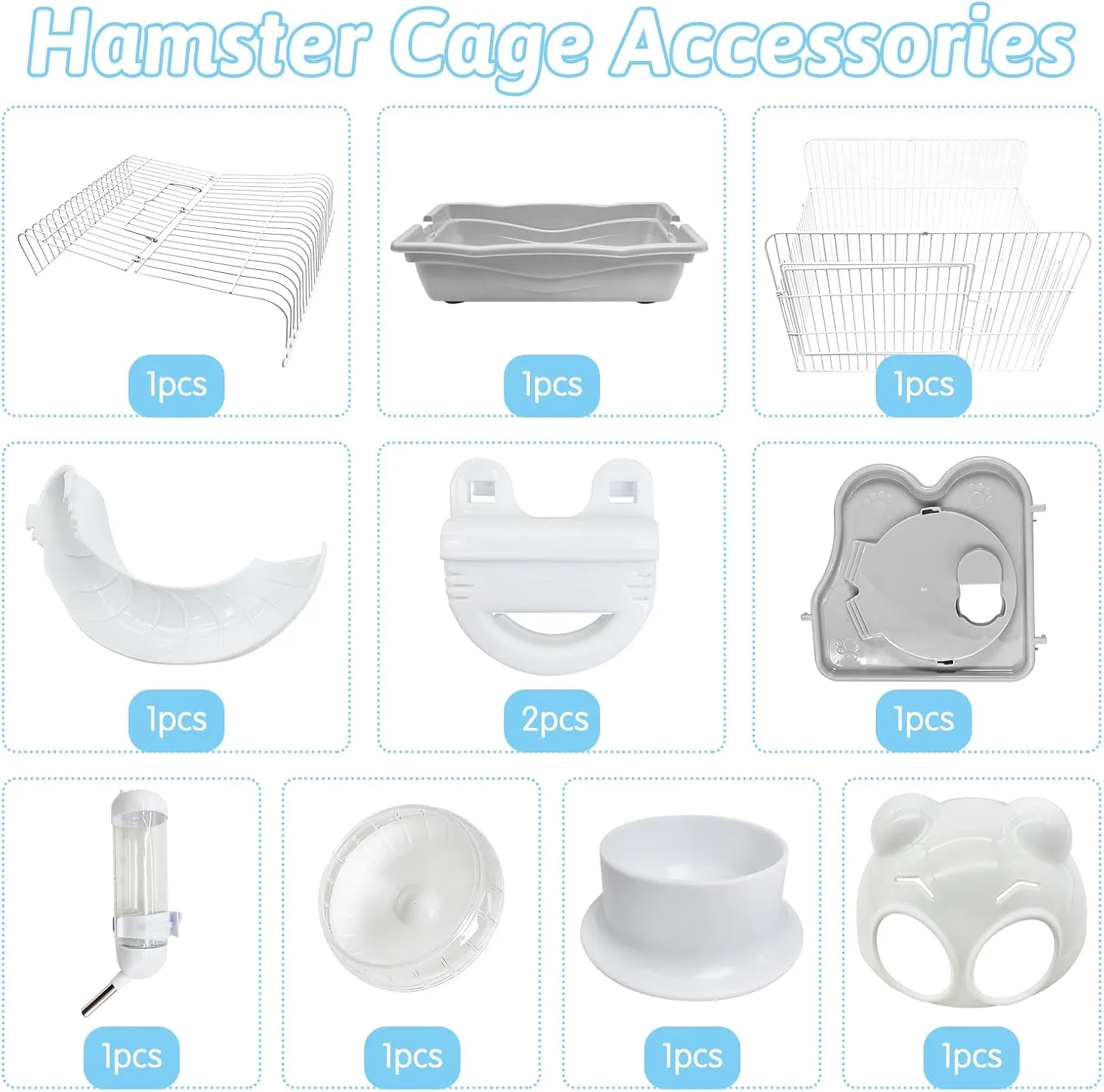 PINVNBY Dwarf Hamster Cage, Small Animal Cages, 2-Tier Travel Portable Mouse Cage Hamster Carrier with Castle House Running Exercise Wheels, Water Bottle and Food DisGray