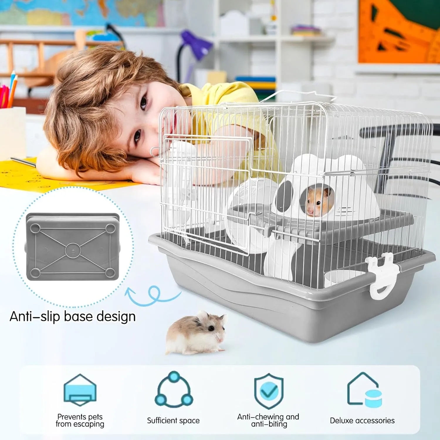 PINVNBY Dwarf Hamster Cage, Small Animal Cages, 2-Tier Travel Portable Mouse Cage Hamster Carrier with Castle House Running Exercise Wheels, Water Bottle and Food DisGray