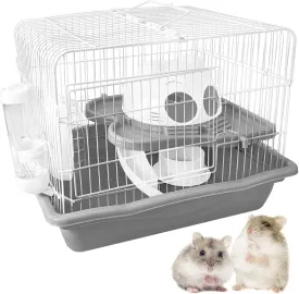 PINVNBY Dwarf Hamster Cage, Small Animal Cages, 2-Tier Travel Portable Mouse Cage Hamster Carrier with Castle House Running Exercise Wheels, Water Bottle and Food DisGray