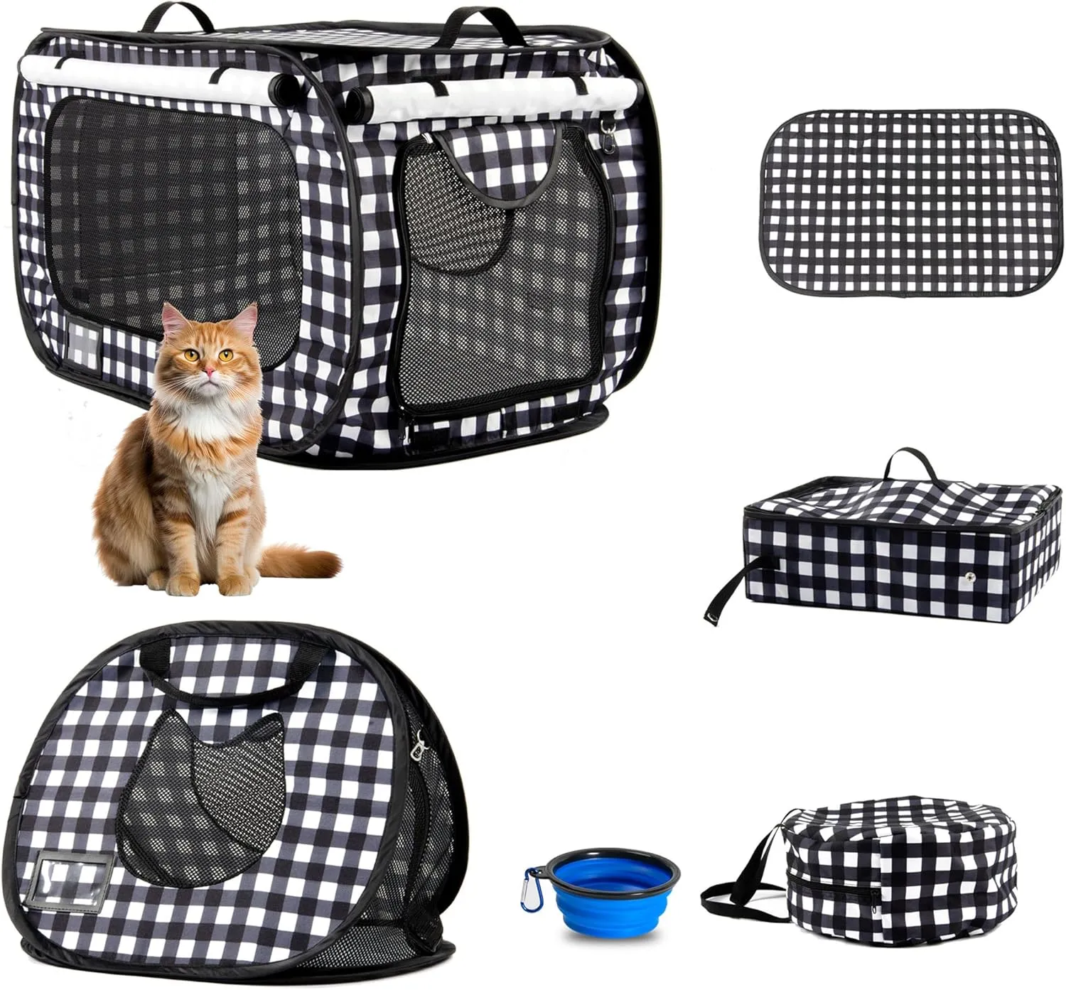 Pop up Cat Tent Dog House,Large Kennel Soft Crates with Portable Cat Carrier,Travel Little Box, Mattress,Food Bowl,4 Stakes and Carrybag