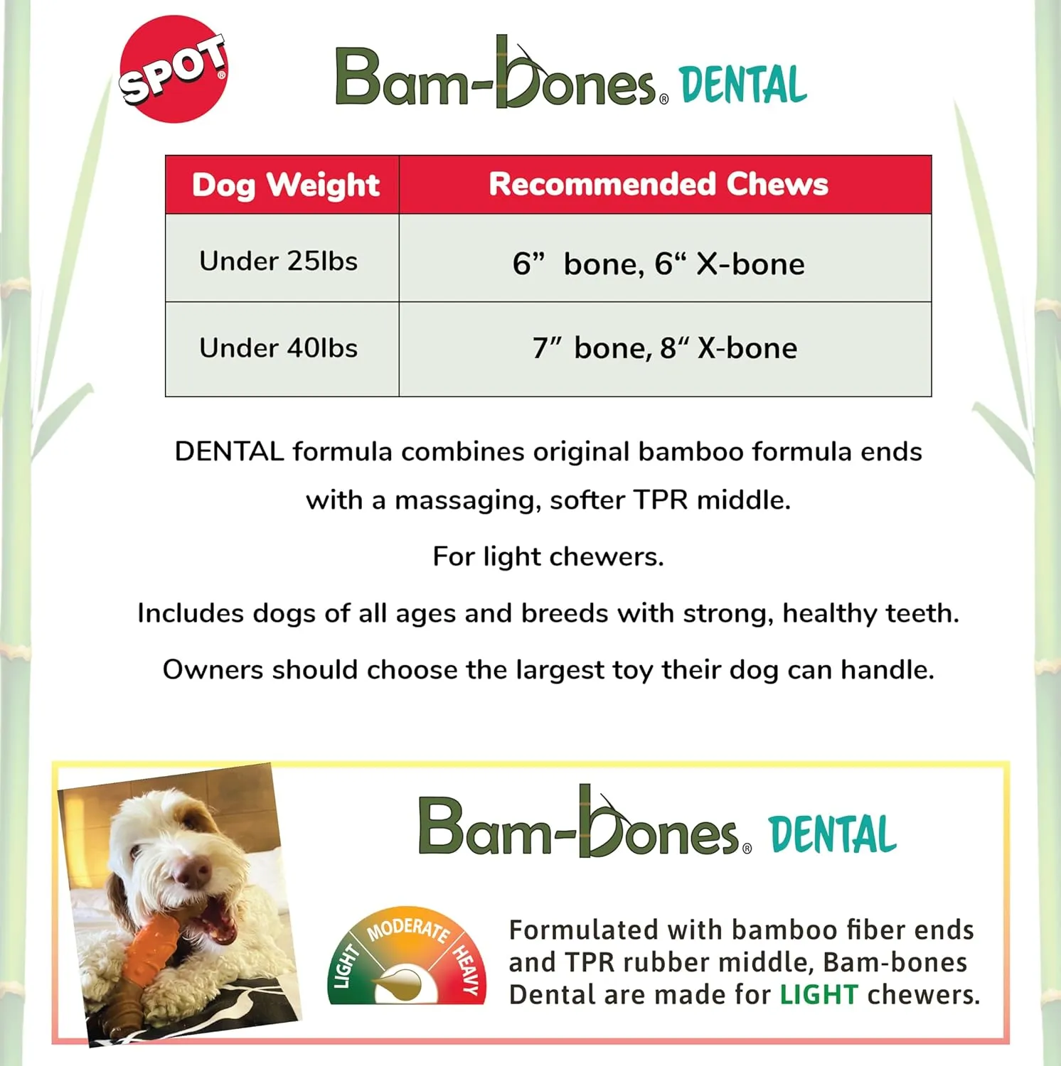SPOT Bam-Bones Dental Bone - Made with Bamboo Fiber and a Massaging Rubber Center, Durable Oral Care Dog Chew for Light Chewers & Teething Puppies Under 25lbs, 6in Allergen Free Peanut Butter Flavor