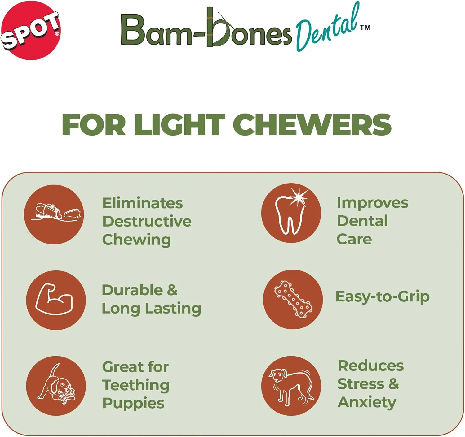 SPOT Bam-Bones Dental Bone - Made with Bamboo Fiber and a Massaging Rubber Center, Durable Oral Care Dog Chew for Light Chewers & Teething Puppies Under 25lbs, 6in Allergen Free Peanut Butter Flavor