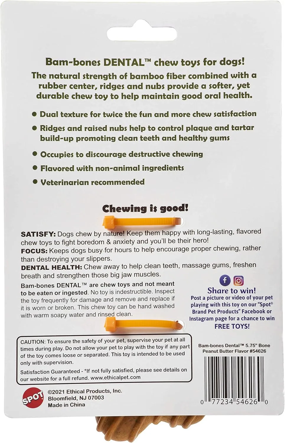 SPOT Bam-Bones Dental Bone - Made with Bamboo Fiber and a Massaging Rubber Center, Durable Oral Care Dog Chew for Light Chewers & Teething Puppies Under 25lbs, 6in Allergen Free Peanut Butter Flavor