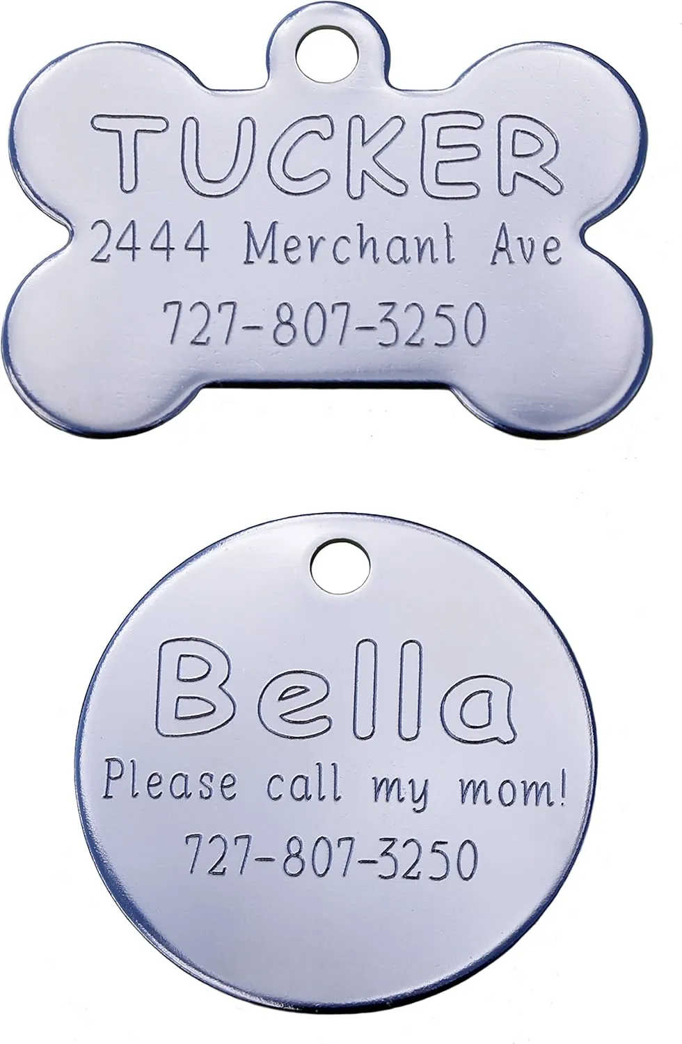 Stainless Steel Pet ID Tag - Diamond Engraved - Bone, Round, or Heart Shape (Heart, Regular)