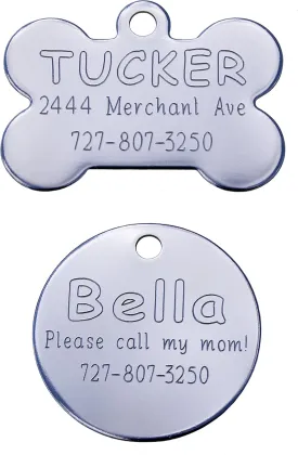 Stainless Steel Pet ID Tag - Diamond Engraved - Bone, Round, or Heart Shape (Heart, Regular)