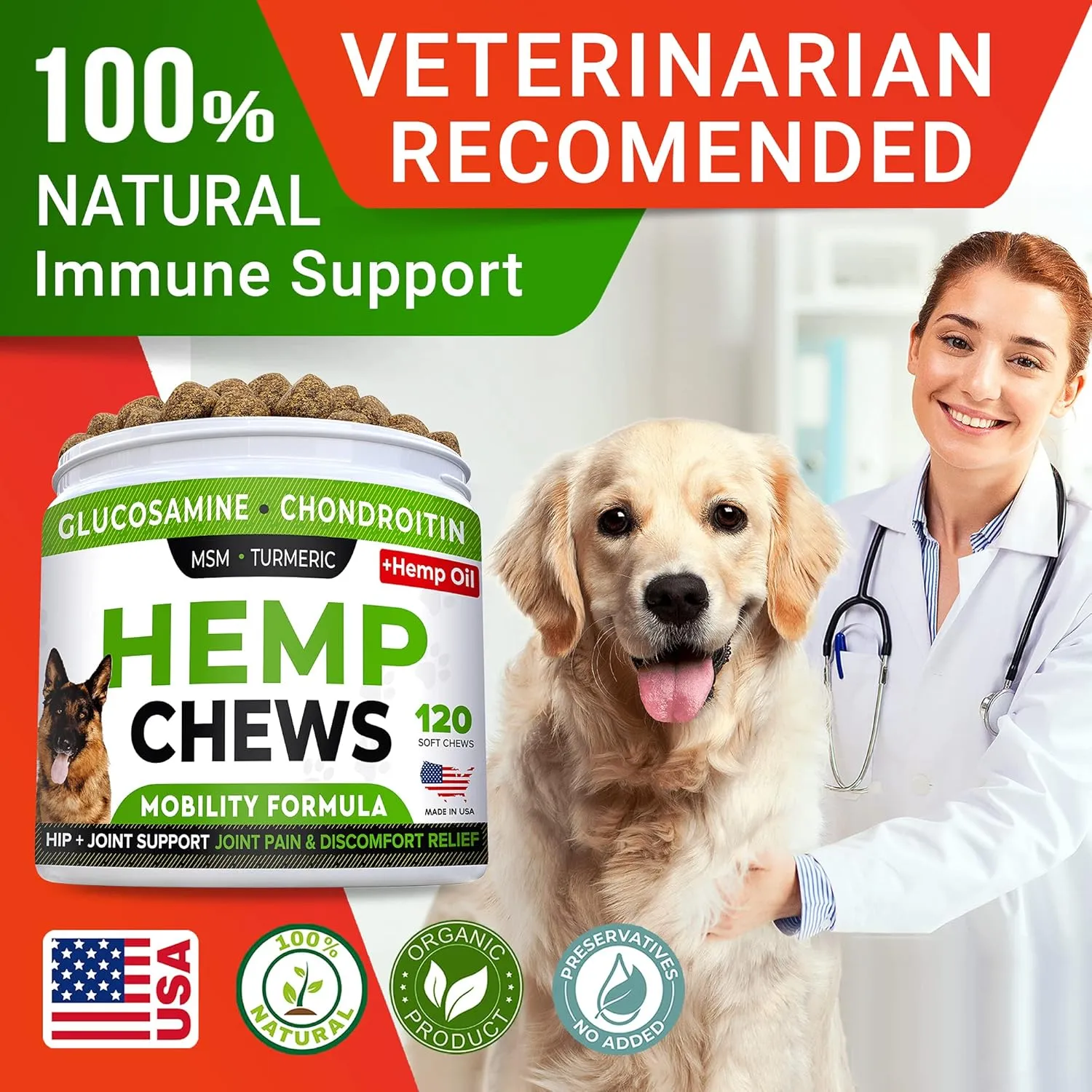 STRELLALAB Hemp Treats   Glucosamine for Dogs - Hip & Joint Supplement - w/Hemp Oil   Protein - Chondroitin, MSM, Turmeric to Improve Mobility & Energy - Natural Joint Pain Relief, 120 Chews