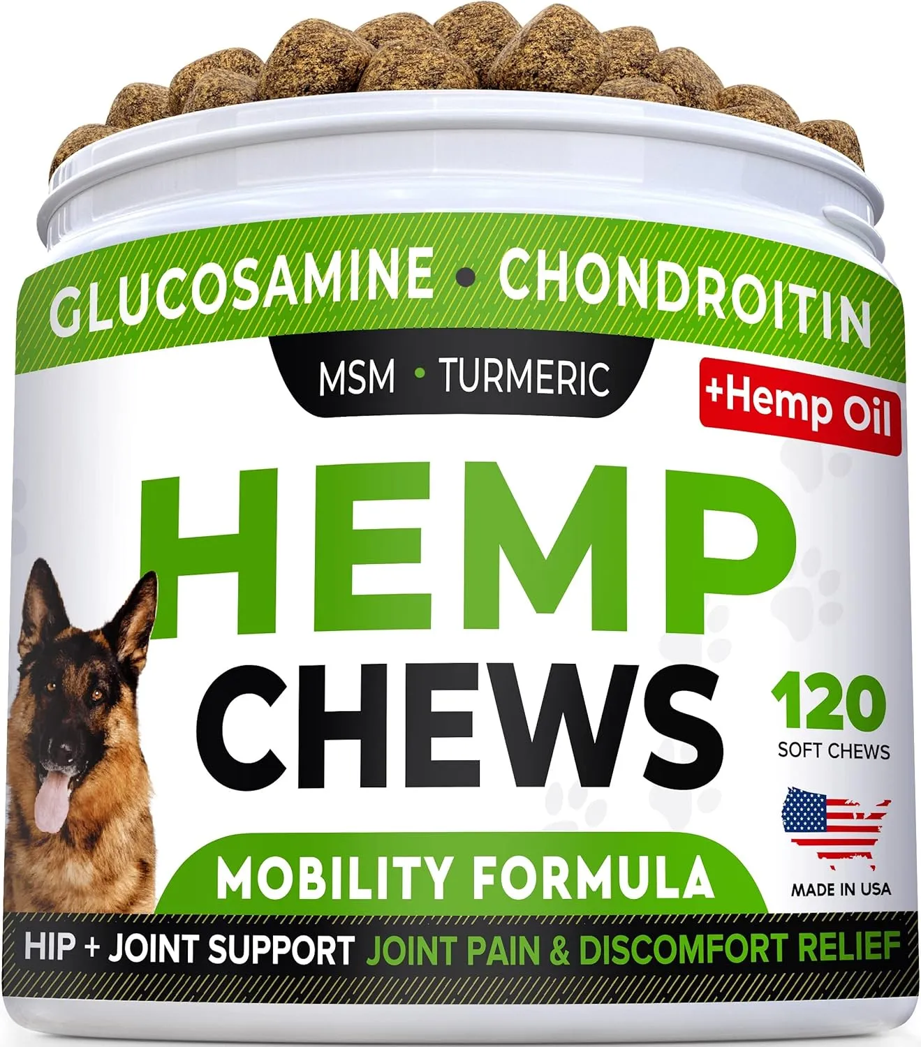 STRELLALAB Hemp Treats   Glucosamine for Dogs - Hip & Joint Supplement - w/Hemp Oil   Protein - Chondroitin, MSM, Turmeric to Improve Mobility & Energy - Natural Joint Pain Relief, 120 Chews