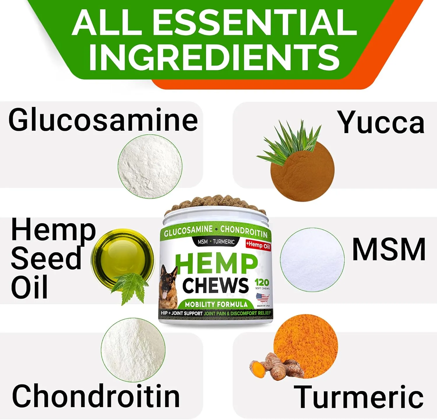 STRELLALAB Hemp Treats   Glucosamine for Dogs - Hip & Joint Supplement - w/Hemp Oil   Protein - Chondroitin, MSM, Turmeric to Improve Mobility & Energy - Natural Joint Pain Relief, 120 Chews