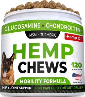 STRELLALAB Hemp Treats   Glucosamine for Dogs - Hip & Joint Supplement - w/Hemp Oil   Protein - Chondroitin, MSM, Turmeric to Improve Mobility & Energy - Natural Joint Pain Relief, 120 Chews