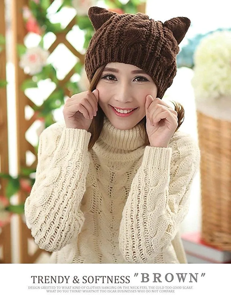 umbresen Cute Woollike Knitted CAT Kitty Ears Women Lady Girl Headgear Crochet Christmas Hats