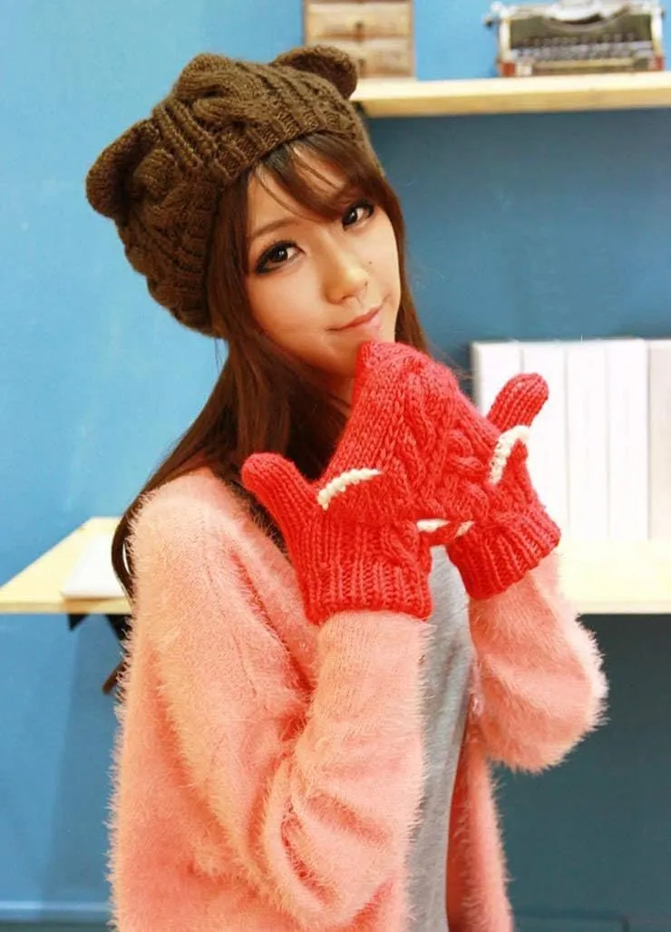 umbresen Cute Woollike Knitted CAT Kitty Ears Women Lady Girl Headgear Crochet Christmas Hats