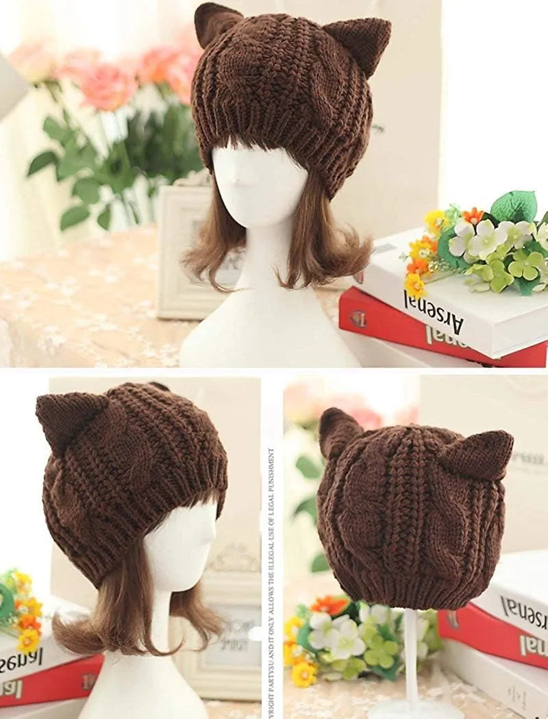 umbresen Cute Woollike Knitted CAT Kitty Ears Women Lady Girl Headgear Crochet Christmas Hats