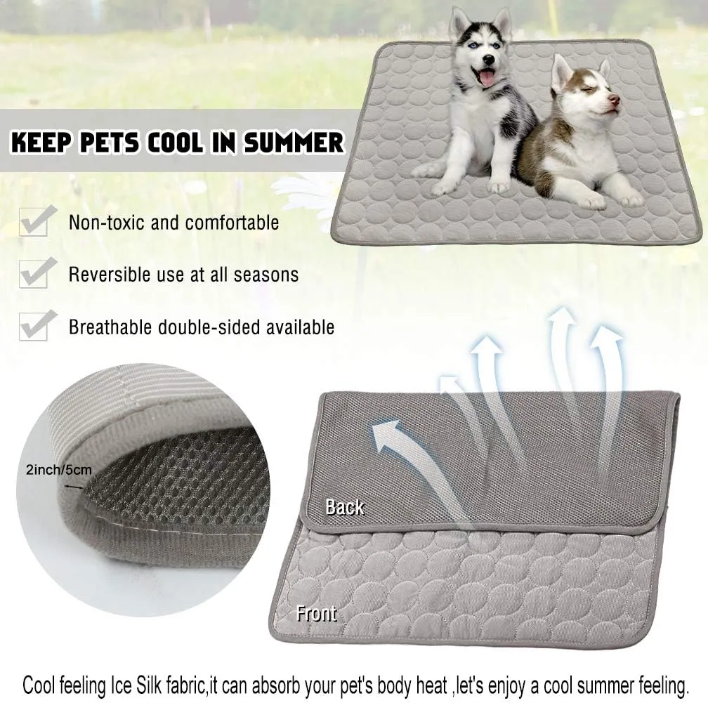 VeMee Summer Cooling Mat for Dogs & Cats - Breathable Ice Silk Self-Cooling Pet Mat, Portable & Washable - 28 X 22in, Grey