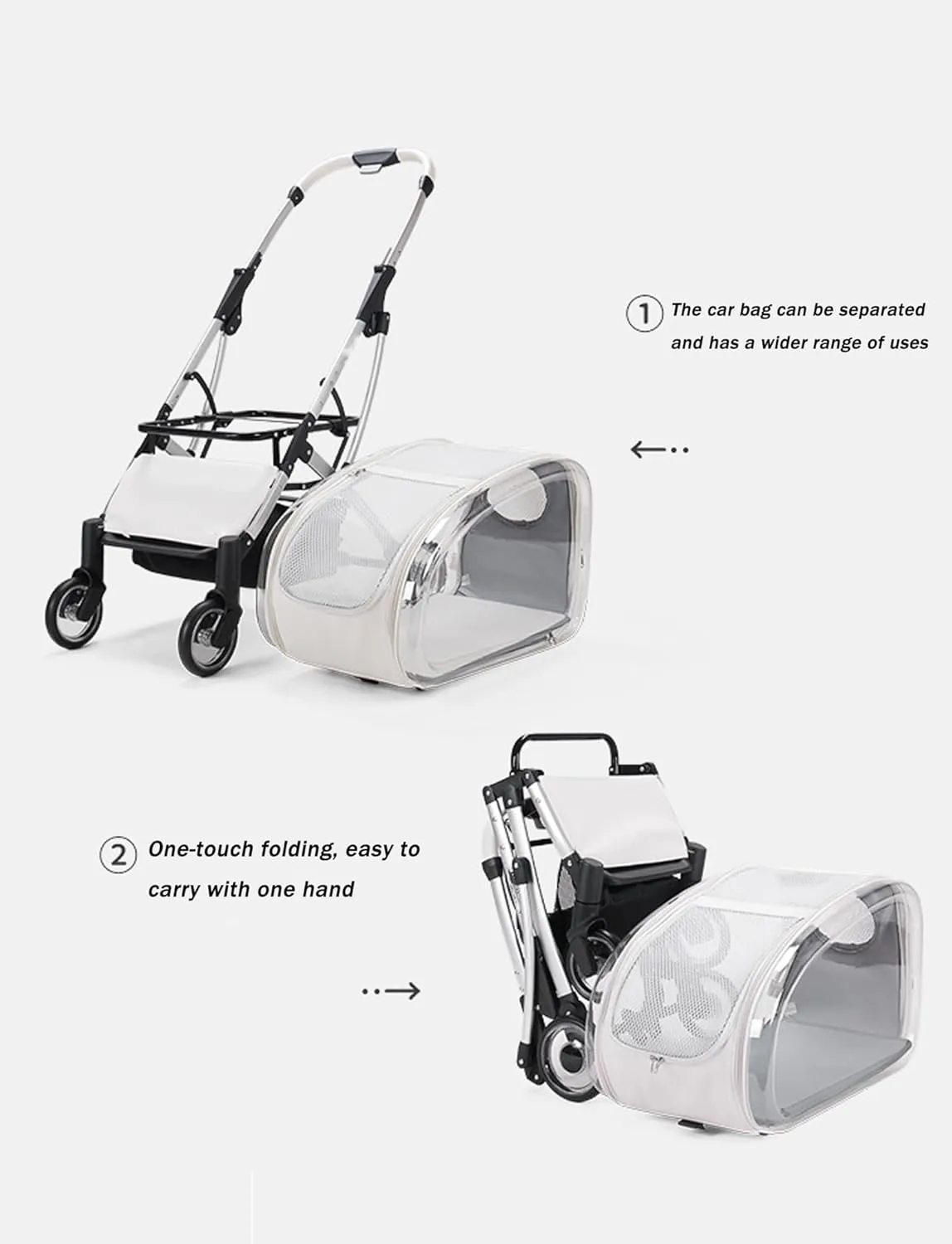 Weatherproof Cat Stroller with Removable Carrier - Heavy-Duty Foldable Frame, Breathable Mesh Windows, Cup Holder & Compact Storage,Transparent(Transparent)