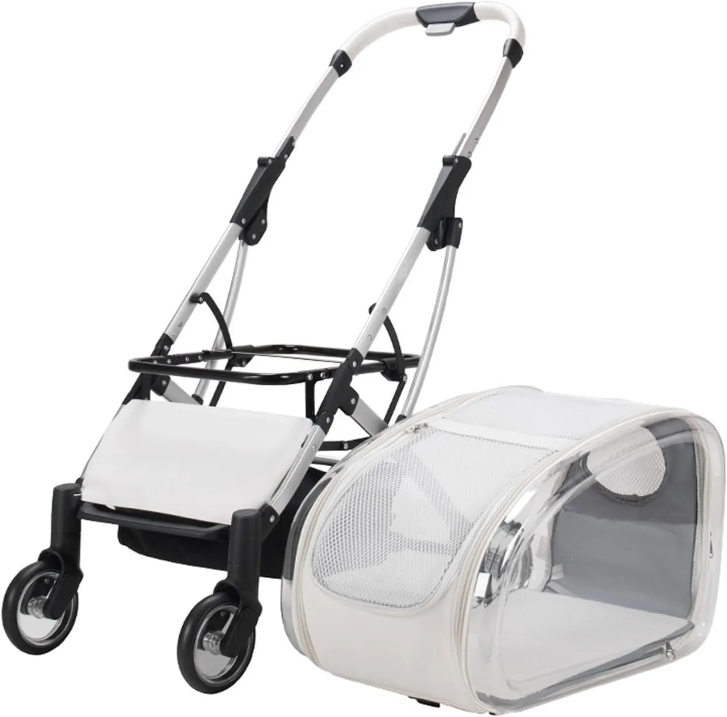 Weatherproof Cat Stroller with Removable Carrier - Heavy-Duty Foldable Frame, Breathable Mesh Windows, Cup Holder & Compact Storage,Transparent(Transparent)