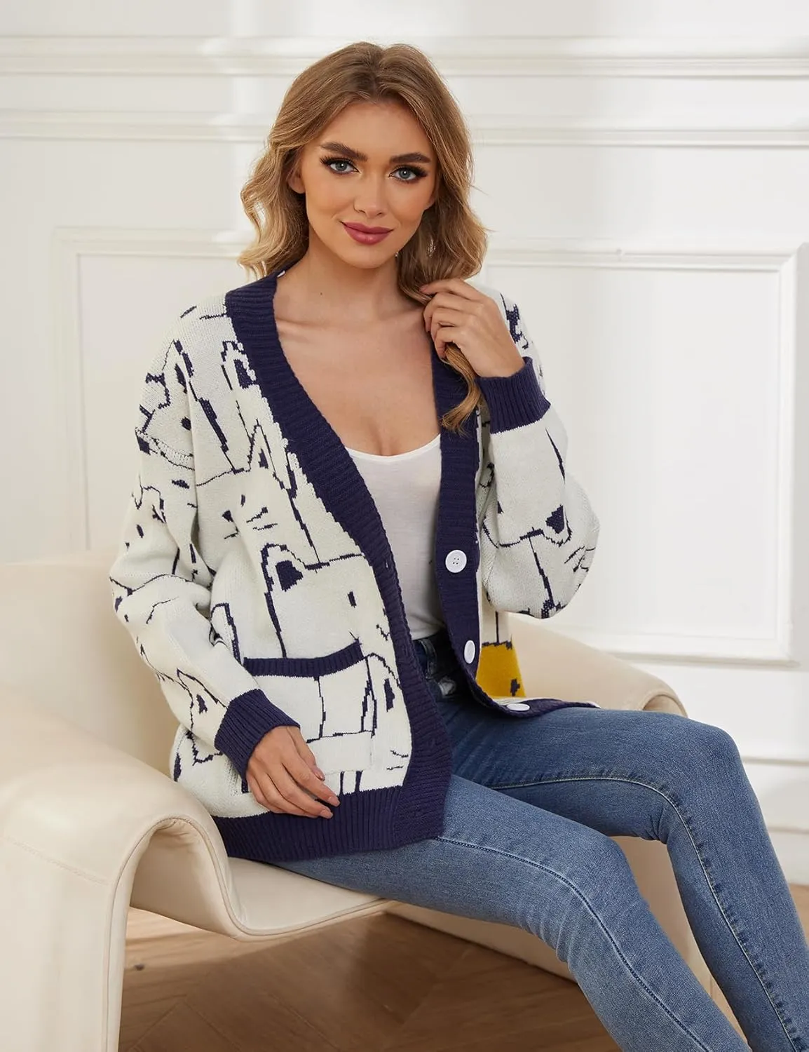 Wyeysyt Cat Sweater for Women Casual Button Down V Neck Cable Knit Cardigan Cute Kawaii Cartoon Cardigan Coat